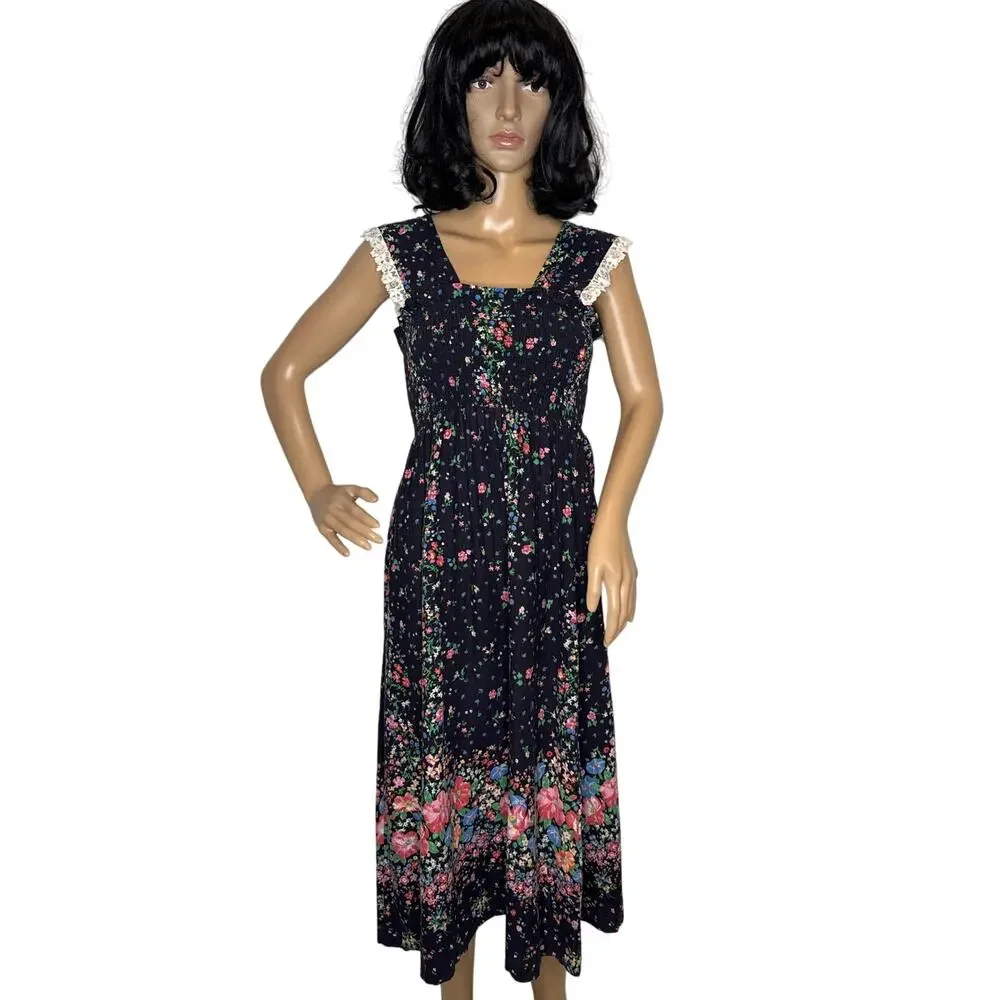 Vintage 70s The Fig Leaf Floral Smocked Cottagecore Prairie Midi Cotton Dress XS